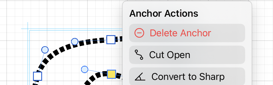The anchor direct-action menu on a bezier path