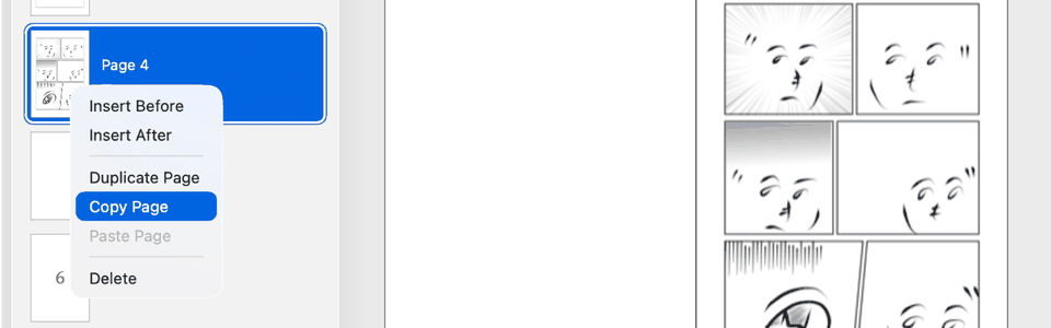 The page menu — Insert, Duplicate, Copy and Paste Page