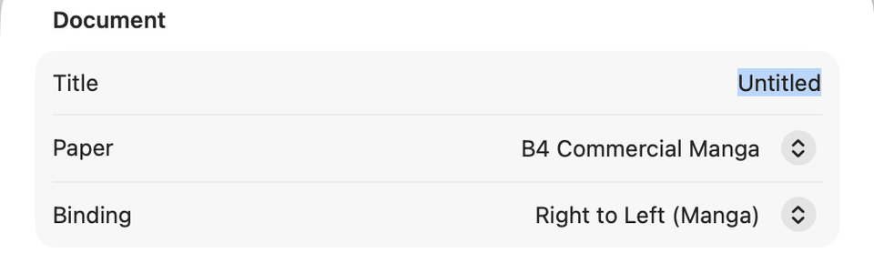 Document settings — B4 Commercial Manga paper, Right-to-Left binding