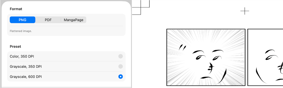 Export dialog — PNG/PDF/MangaPage formats, color/grayscale DPI presets, print preview