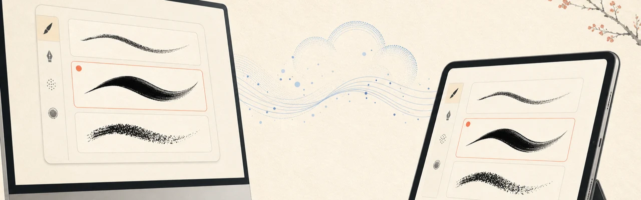 The same three custom ink brushes on a Mac and iPad, connected through iCloud
