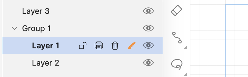 The layer panel with a group expanded and a layer's actions