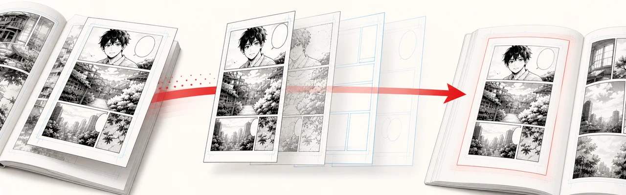 An editable manga page travelling between manuscripts with its ink, tone, frame, and balloon layers intact