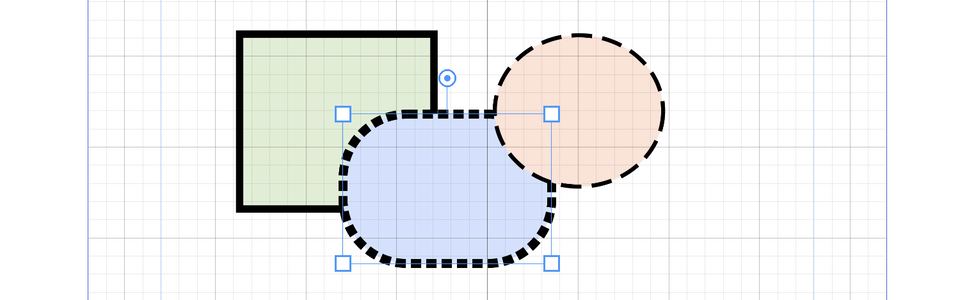 A rectangle, an oval and a rounded rectangle on the canvas, the rounded rectangle selected