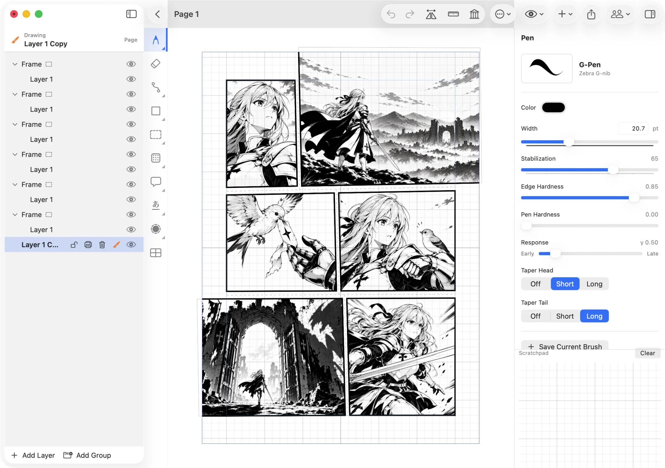 A finished manga page in the MangaLoft Mac editor: six framed panels on the canvas, a layer per frame in the sidebar, and the G-Pen inspector open on the right