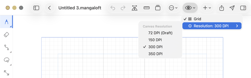 The Canvas Resolution menu — 72/150/300/350 DPI